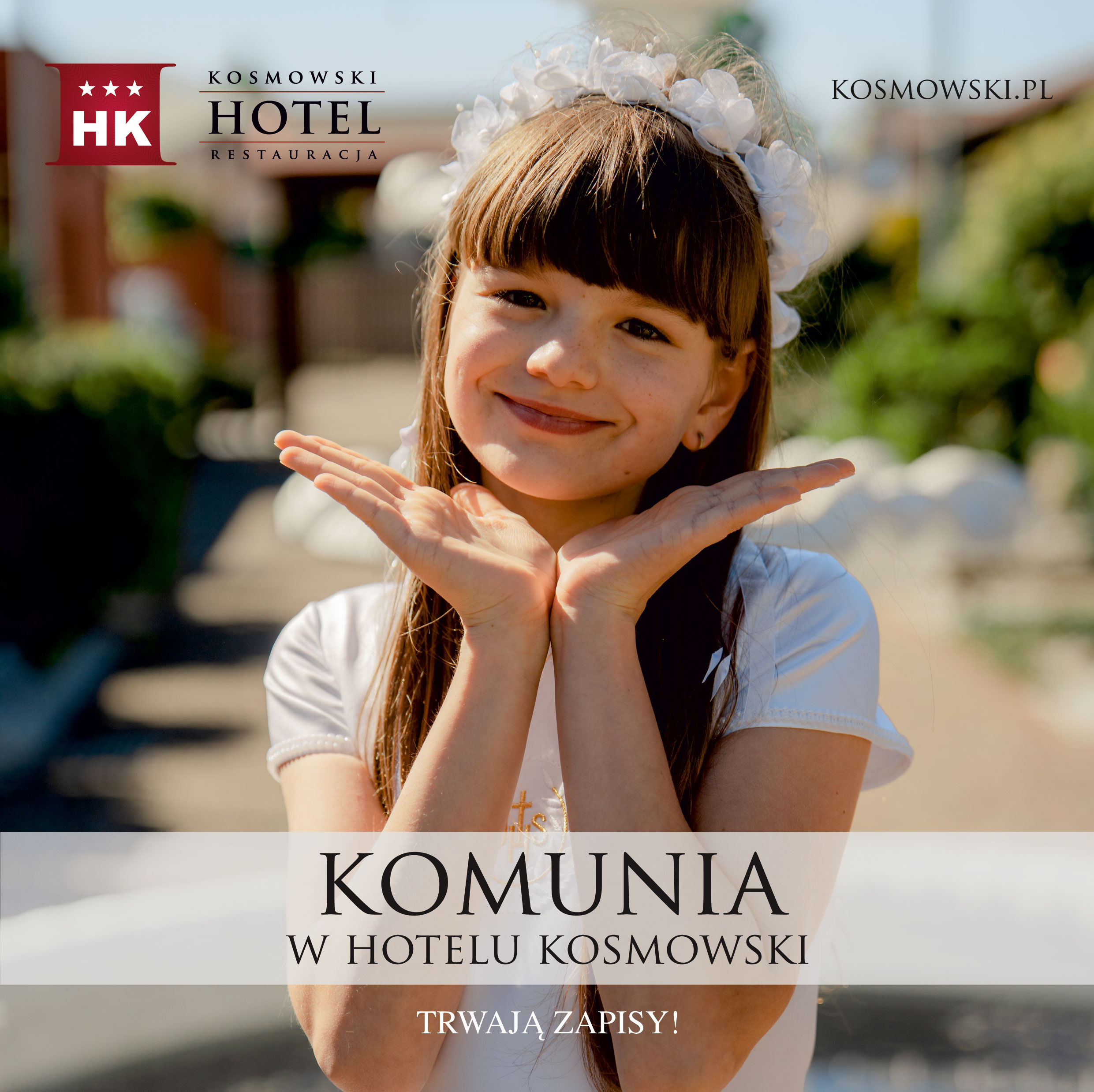 Dzieci przy stole komunijnym w udekorowanej sali Hotelu Kosmowski we Wrześni – organizacja komunii 2026 z atrakcjami dla dzieci